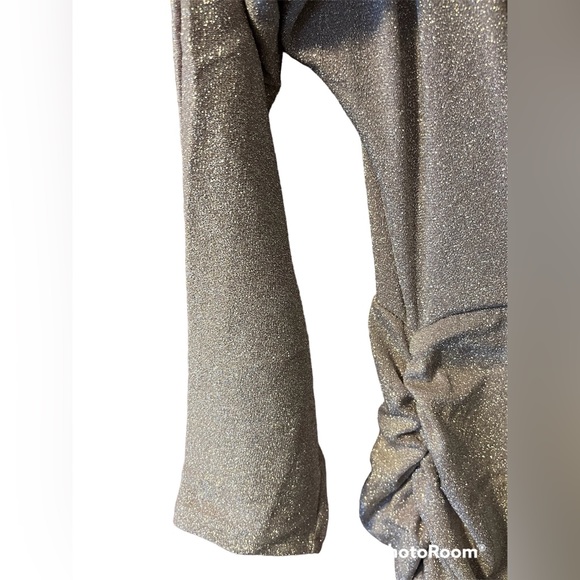 Scarlett Rocks Bardot neck ruched mini dress in taupe Glitter Size UK14 Fitted - Picture 8 of 10